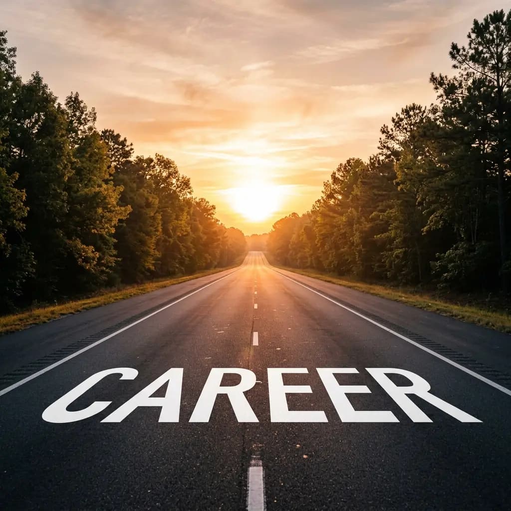 Career road stretching towards the horizon sunrise at ADC Marine